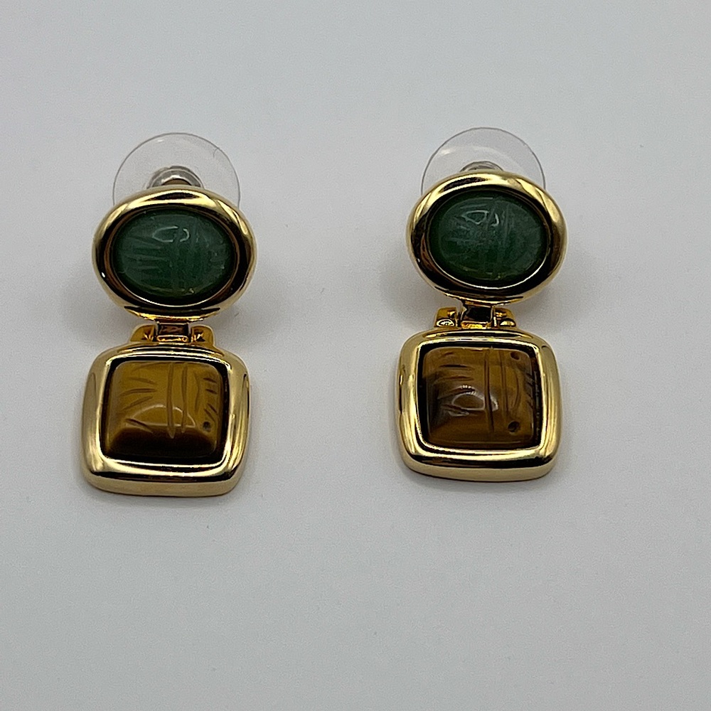 Kenneth Jay Lane Tiger Eye & Jade Scarab Drop Earrings